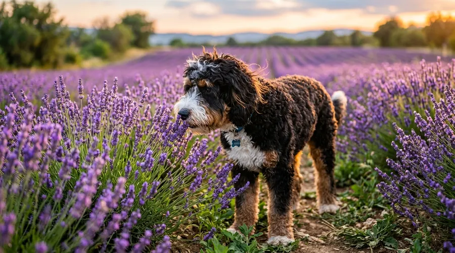 Bernedoodle sniffing purple flower