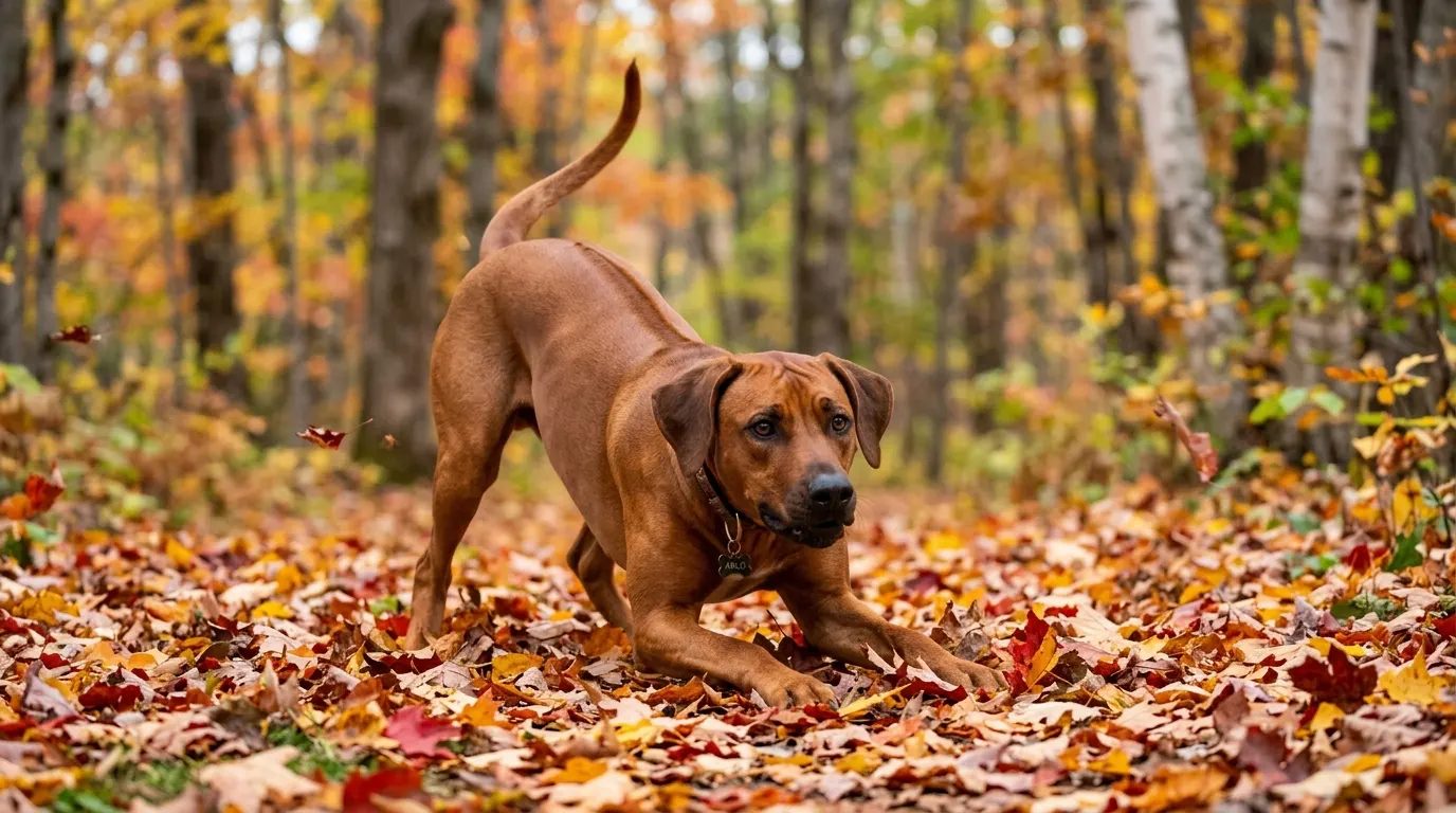 Dog crouching in autumn leaves — best winter dog coats