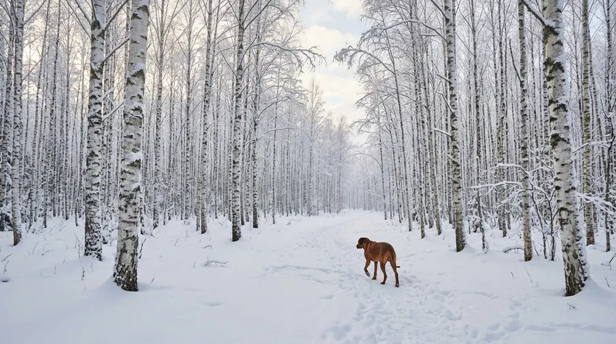 Dog walking in snow forest