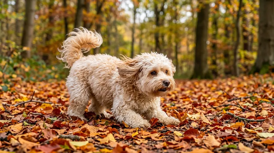 Havanese crouching in autumn leaves