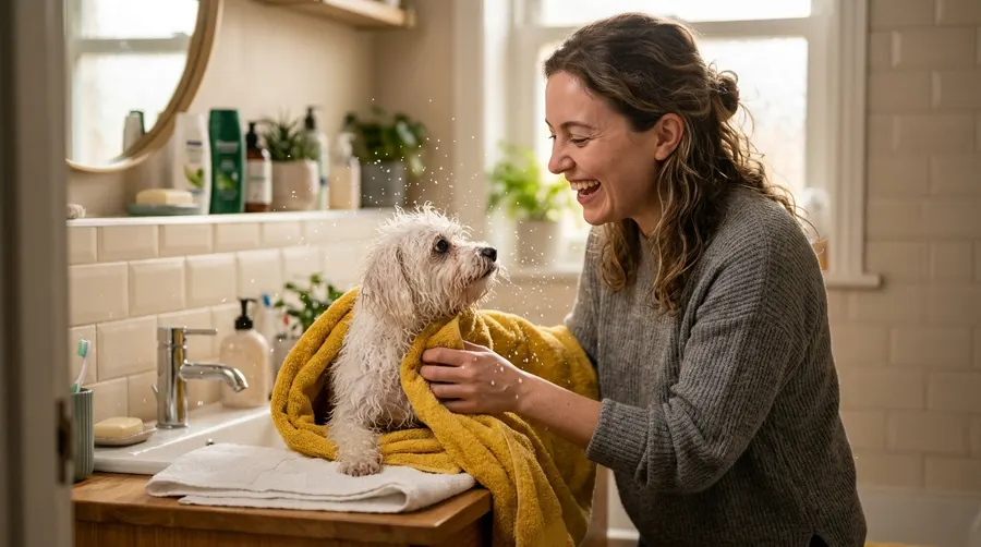 Person drying dog with towel