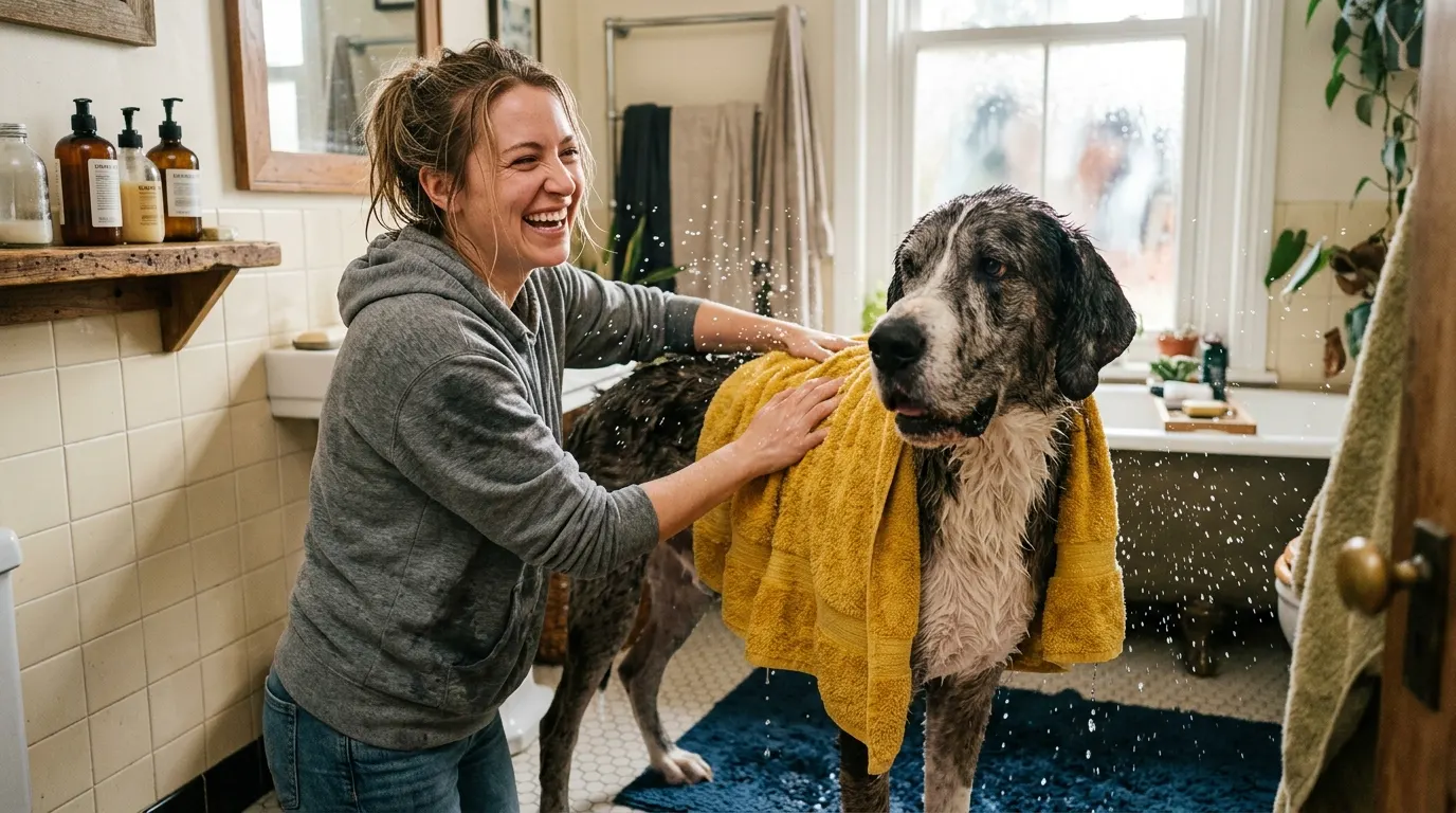 Person drying dog with towel — Boundary & Deterrent Aids