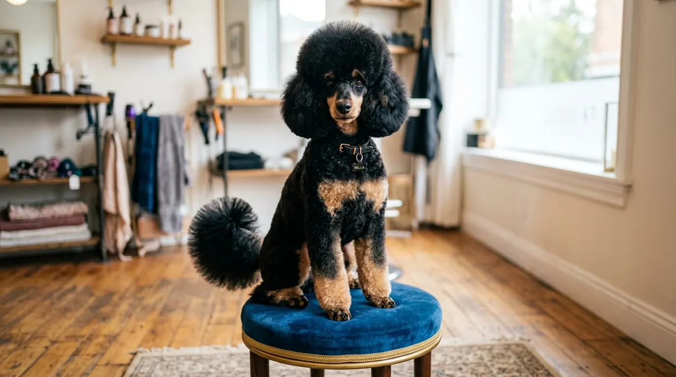 Poodle sitting on stool | Boundary & Deterrent Aids Poodle sitting on stool — Boundary & Deterrent Aids
