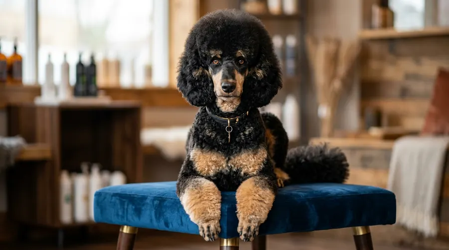 Poodle sitting on velvet stool | Boundary & Deterrent Aids Poodle sitting on velvet stool