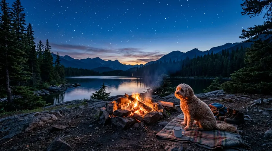 Cavapoo sitting beside campfire | Bowl Materials & Sanitation Cavapoo sitting beside campfire