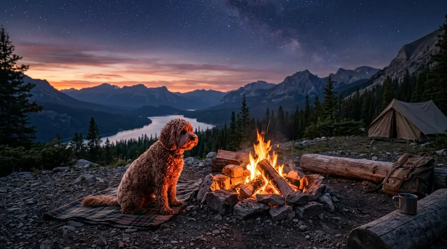 Cavapoo sitting beside campfire | Bowl Materials & Sanitation Cavapoo sitting beside campfire