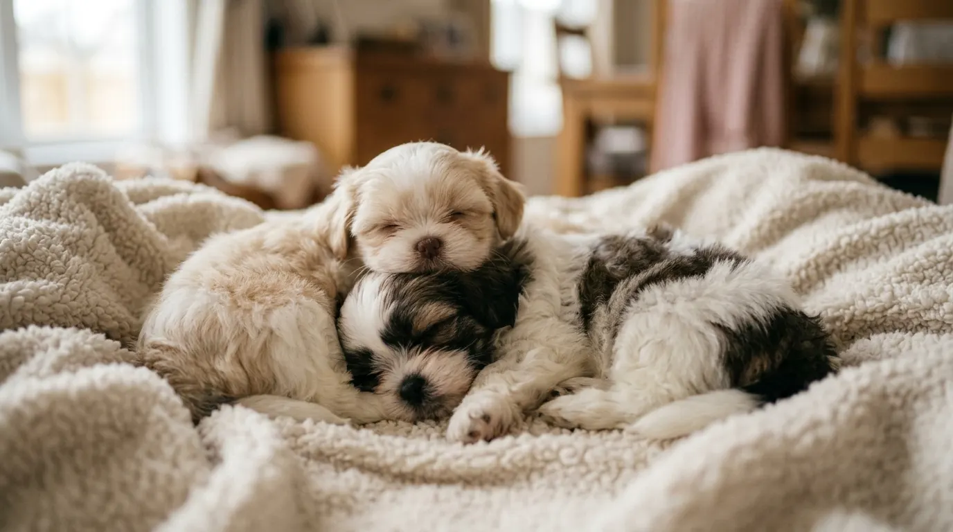 Shih Tzu puppies cuddling — Bowl Materials & Sanitation