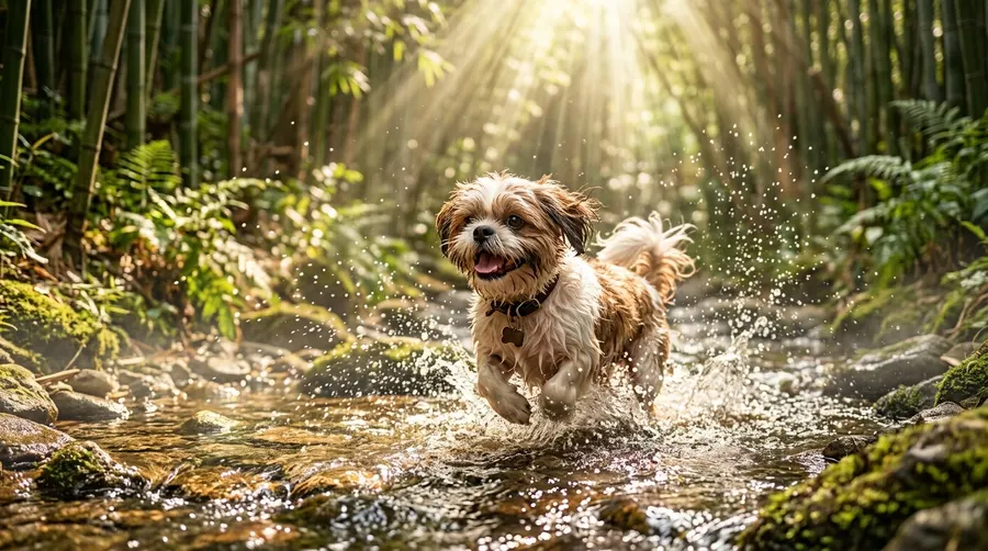Shih Tzu splashing in stream