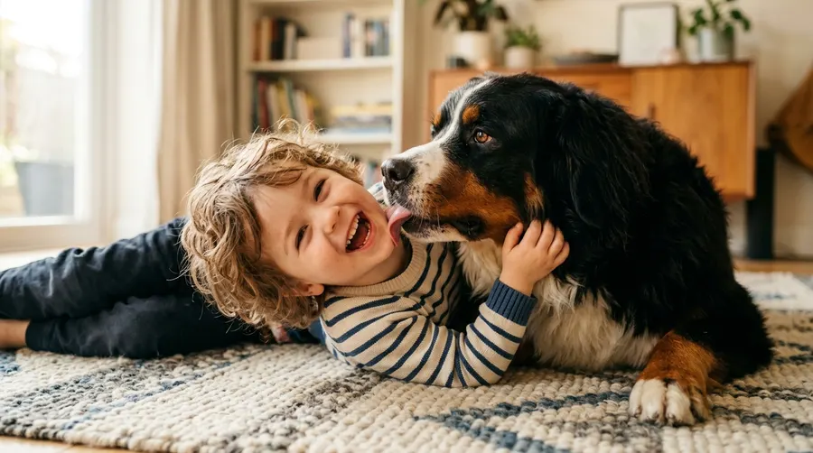 Dog licking child cheek | Calming & Health Supplements Treats Dog licking child cheek