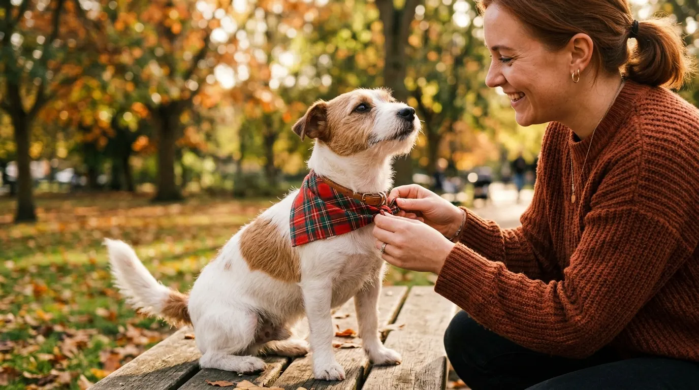 Person tying bandana on dog — Calming & Health Supplements Treats