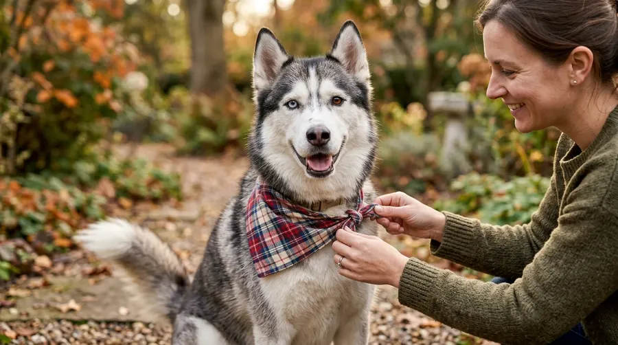 Person tying bandana on husky