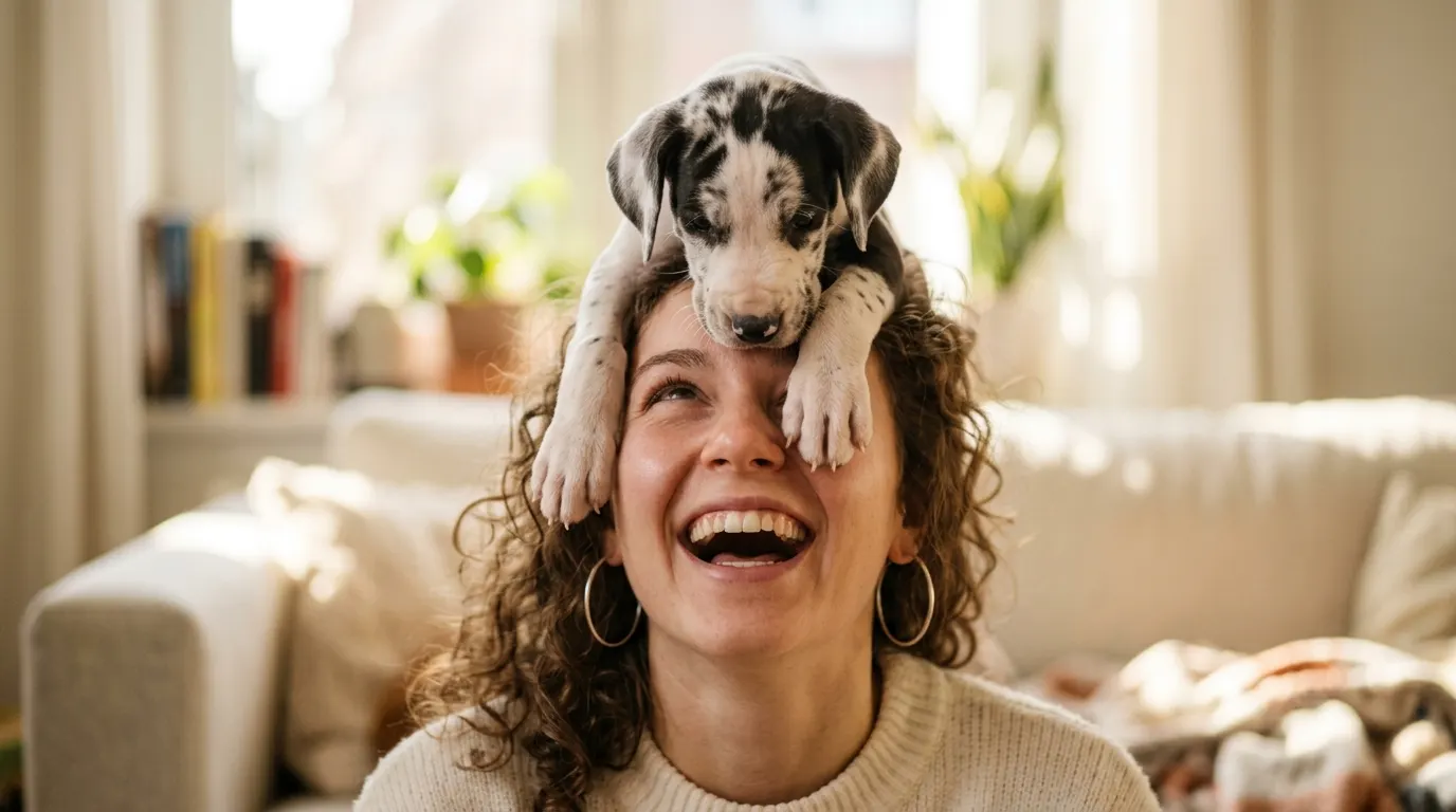 Puppy balancing on woman's head — Calming & Health Supplements Treats