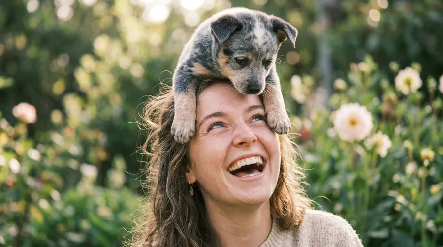 Puppy balancing on woman's head