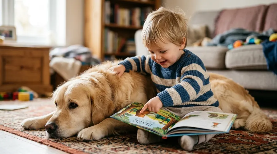 Toddler pointing at storybook