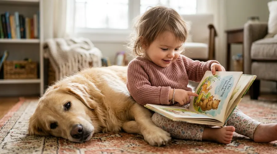 Toddler pointing at storybook