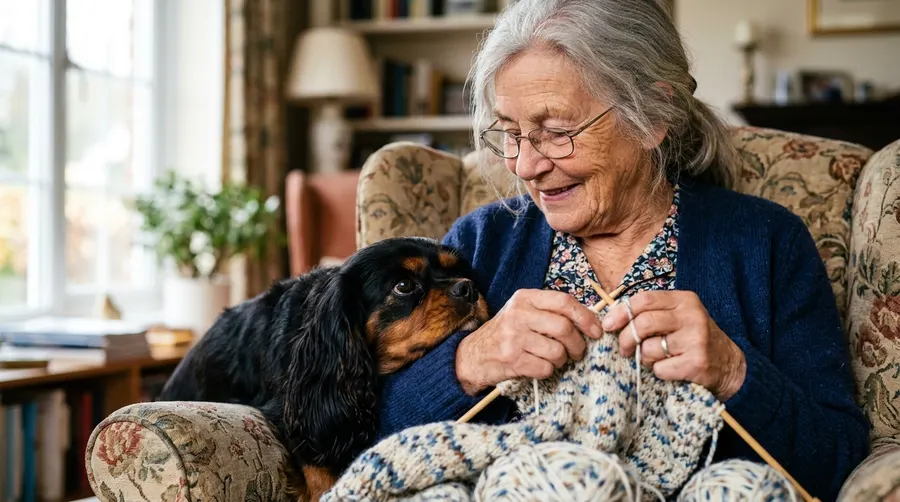 Grandmother knitting with dog | Car Safety Harnesses & Crates Grandmother knitting with dog