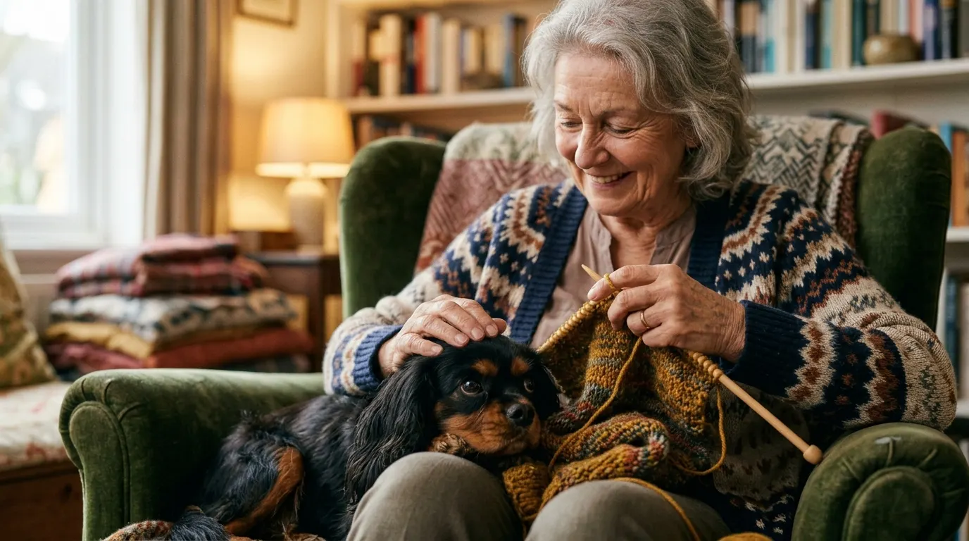 Grandmother knitting with dog | Car Safety Harnesses & Crates Grandmother knitting with dog — Car Safety Harnesses & Crates