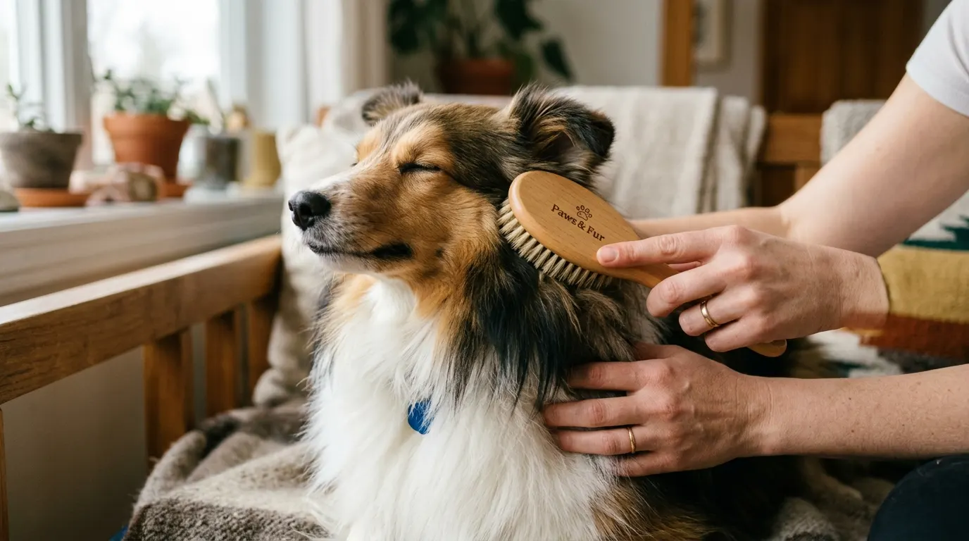 Hands brushing Shetland Sheepdog — Car Safety Harnesses & Crates