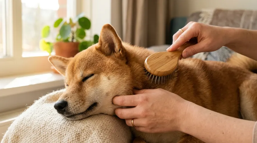 Hands brushing Shiba Inu fur