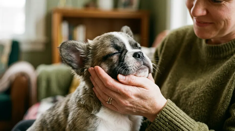 Hands cupping puppy face
