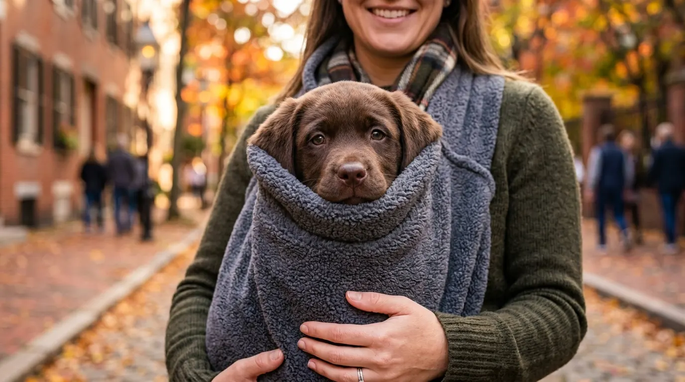 Puppy in chest carrier | Car Safety Harnesses & Crates Puppy in chest carrier — Car Safety Harnesses & Crates