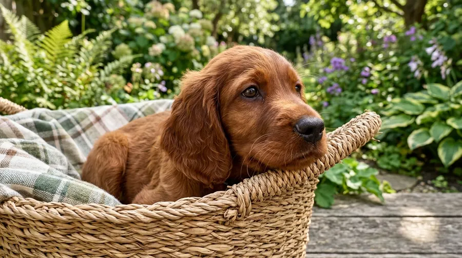 Puppy in woven straw basket | Car Safety Harnesses & Crates Puppy in woven straw basket