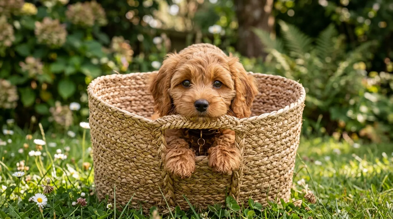 Cavapoo puppy in woven basket | Carriers & Travel Products Cavapoo puppy in woven basket — Carriers & Travel Products