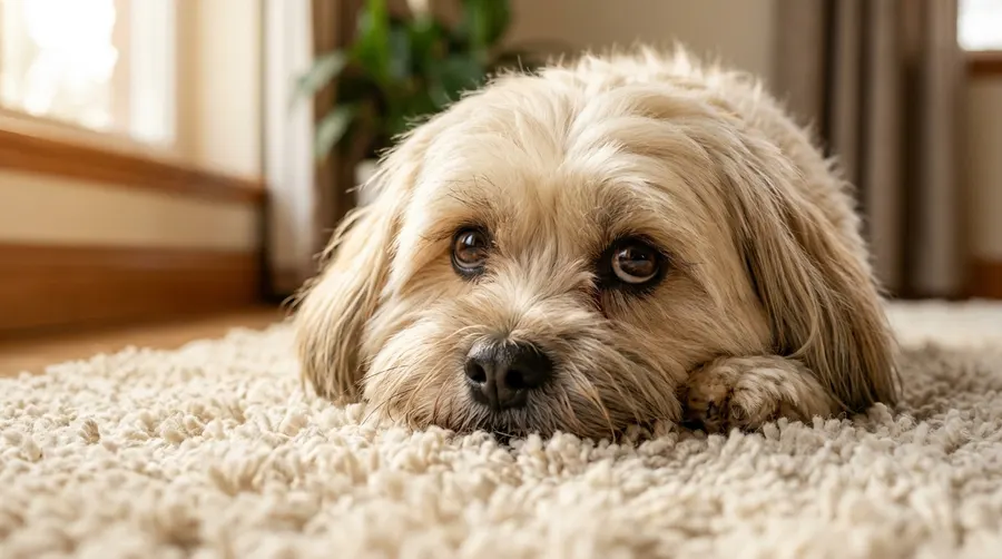 Lhasa Apso resting on carpet | Carriers & Travel Products Lhasa Apso resting on carpet