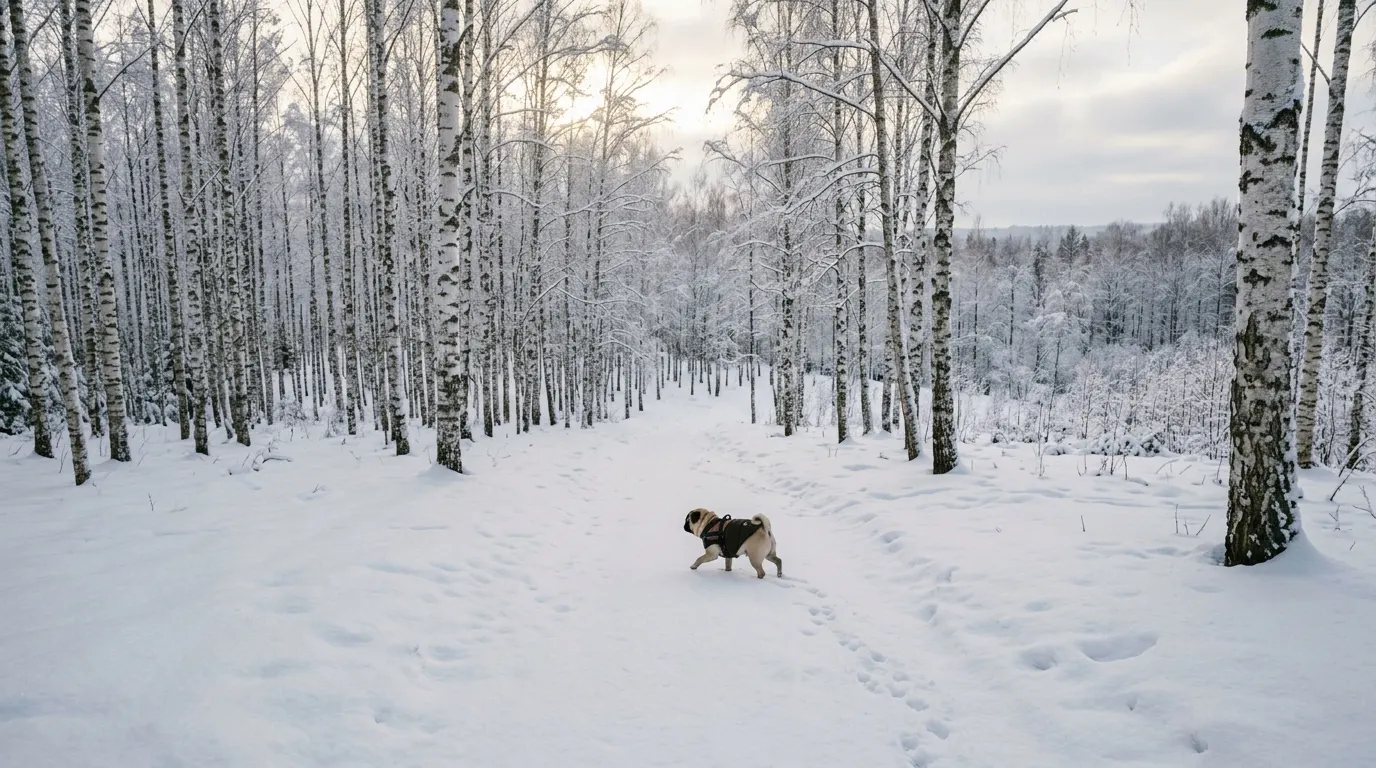 Pug walking in snow forest | Clothing & Accessories Pug walking in snow forest — Clothing & Accessories