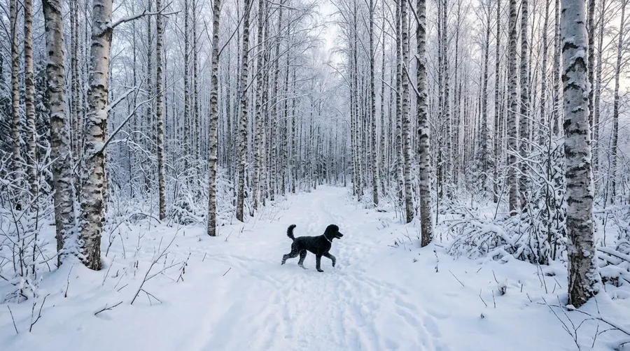 Standard Poodle walking snow forest | Clothing & Accessories Standard Poodle walking snow forest
