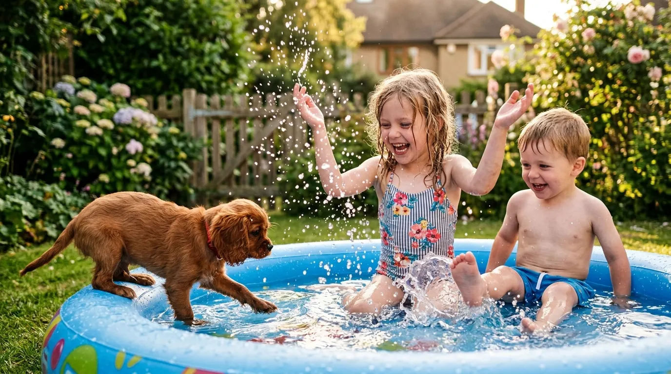 Children and puppy splashing water — Coat Brushing & De-Shedding