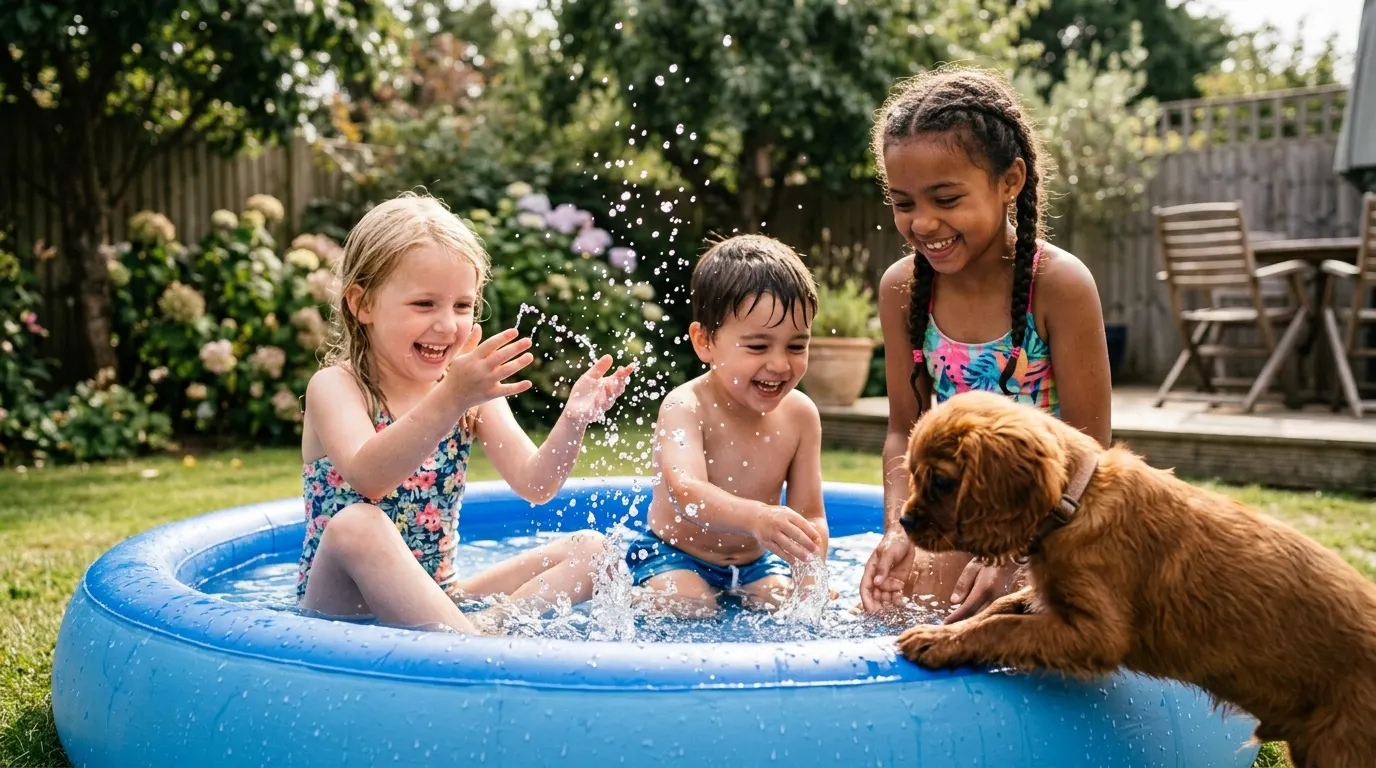 Children splashing in paddling pool | Coat Brushing & De-Shedding Children splashing in paddling pool — Coat Brushing & De-Shedding