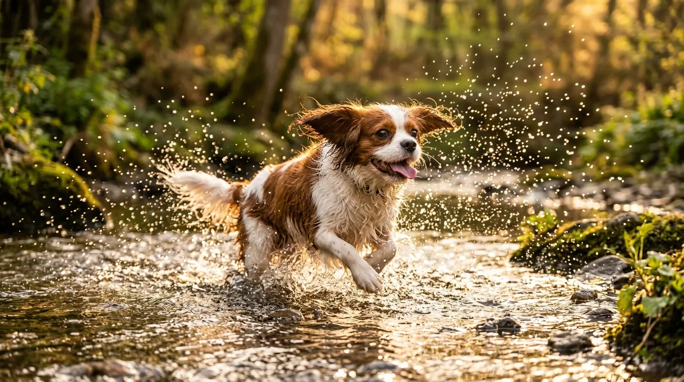 Dog splashing through stream | Coat Brushing & De-Shedding Dog splashing through stream — Coat Brushing & De-Shedding