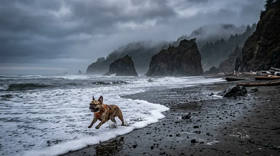 French Bulldog chasing sea foam | Coat Brushing & De-Shedding French Bulldog chasing sea foam