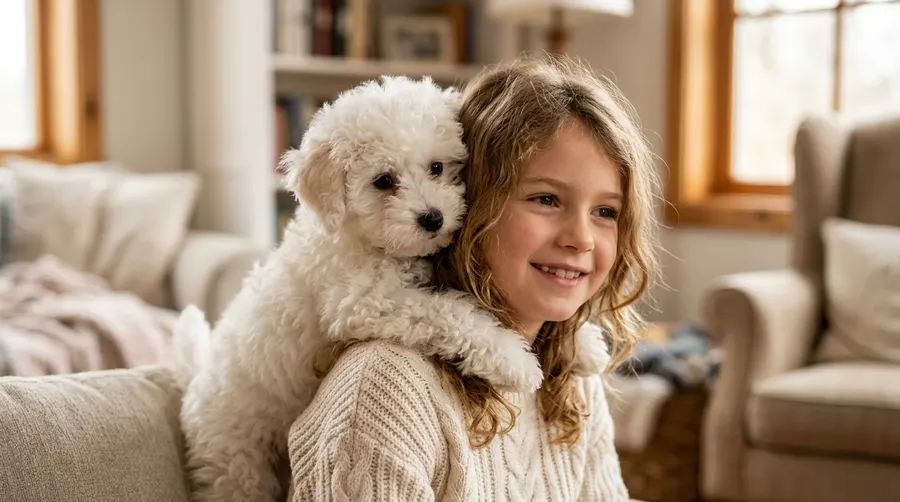 Girl holding fluffy puppy on | Coat Brushing & De-Shedding Girl holding fluffy puppy on
