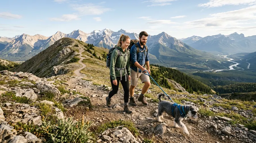 Couple hiking mountain trail | Collars & Materials Couple hiking mountain trail