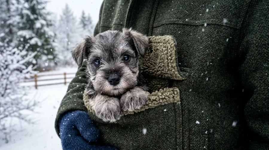 Miniature Schnauzer puppy in pocket | Collars & Materials Miniature Schnauzer puppy in pocket