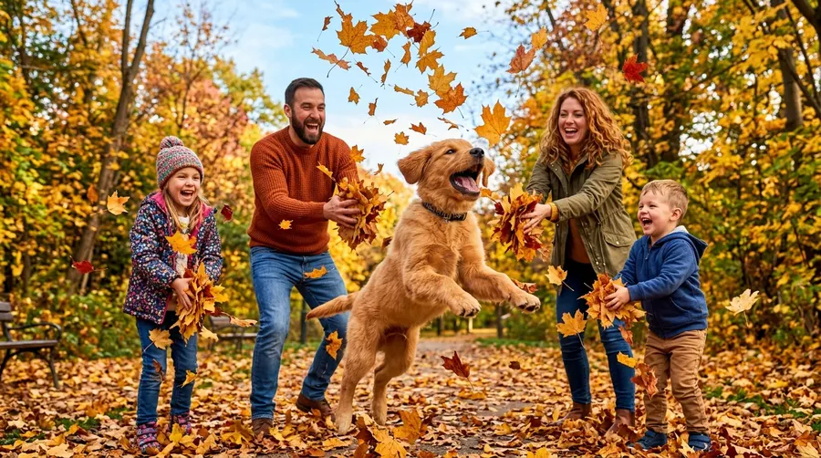 Family and dog tossing leaves | Cooling Vests & Sun Protection Family and dog tossing leaves