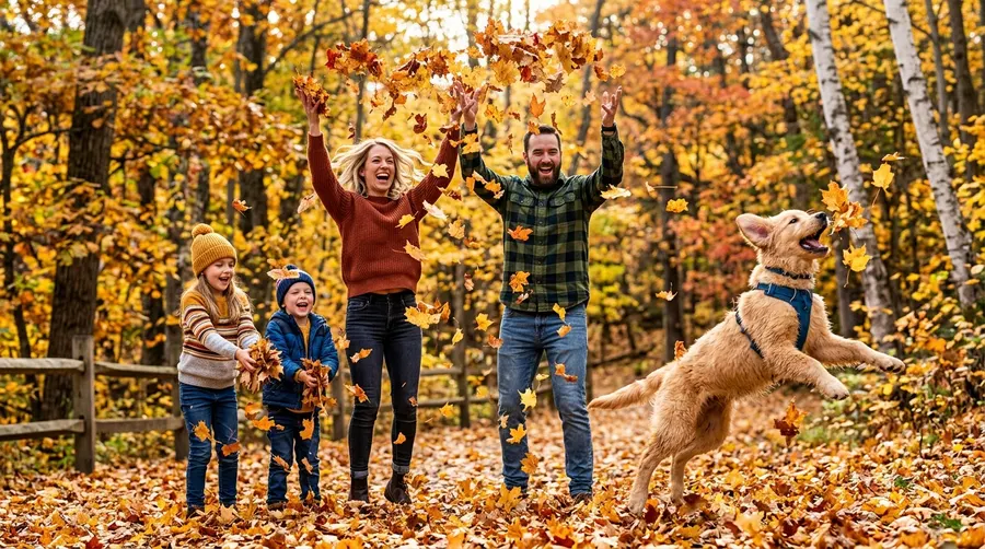 Family and puppy tossing leaves | Cooling Vests & Sun Protection Family and puppy tossing leaves