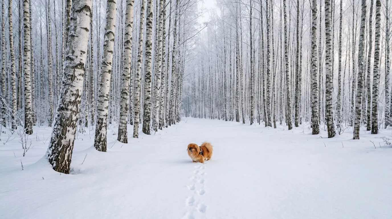 Pekingese walking through snow — Cooling Vests & Sun Protection