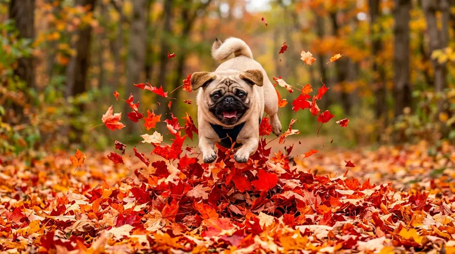 Pug pouncing on maple leaves