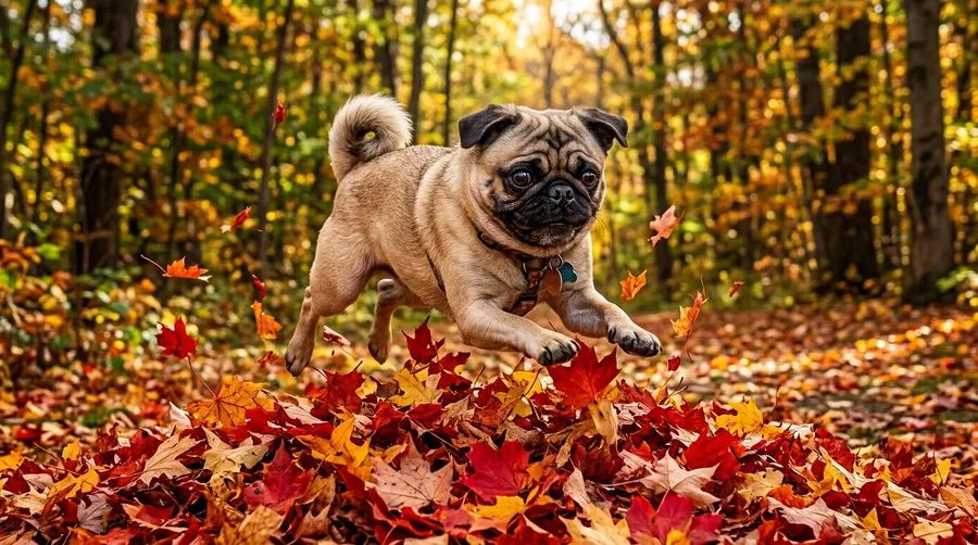 Pug pouncing on maple leaves