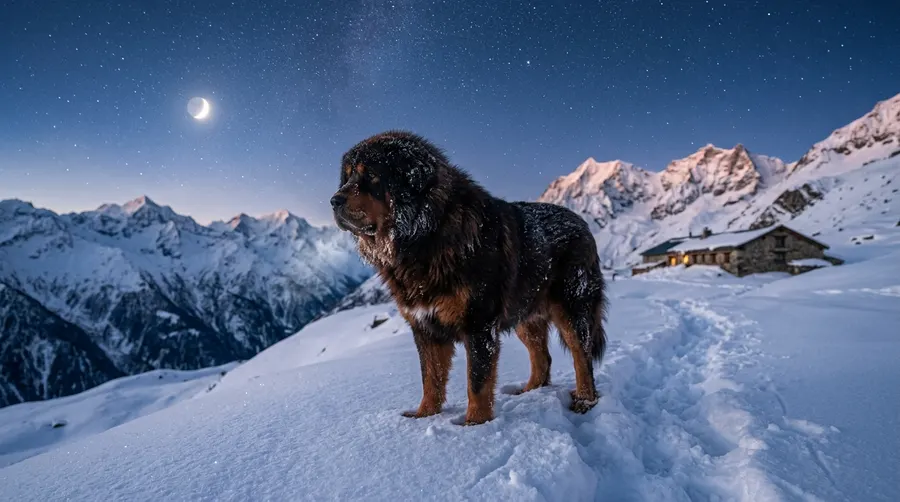 Tibetan Mastiff standing in snow