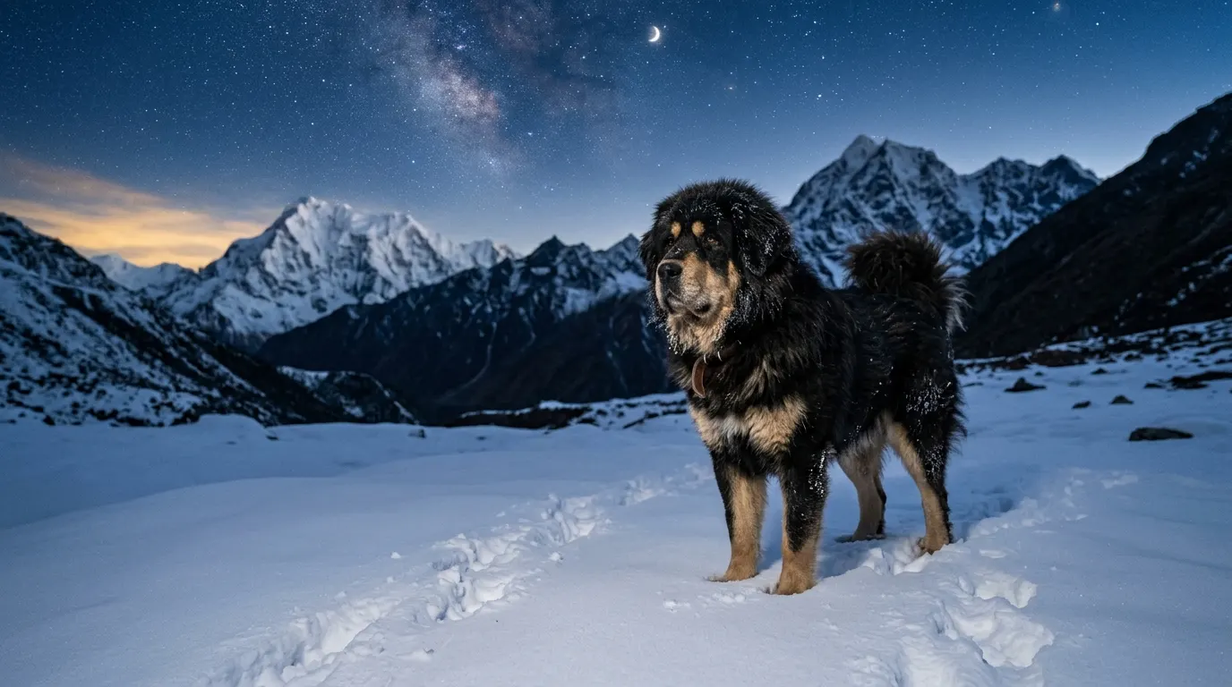 Tibetan Mastiff standing in snow — Cooling Vests & Sun Protection