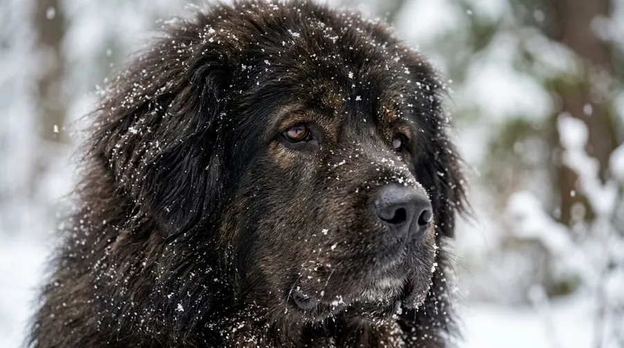 Tibetan Mastiff with snowflakes