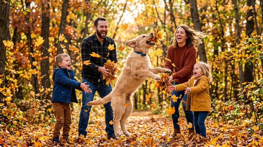 Family and puppy tossing leaves
