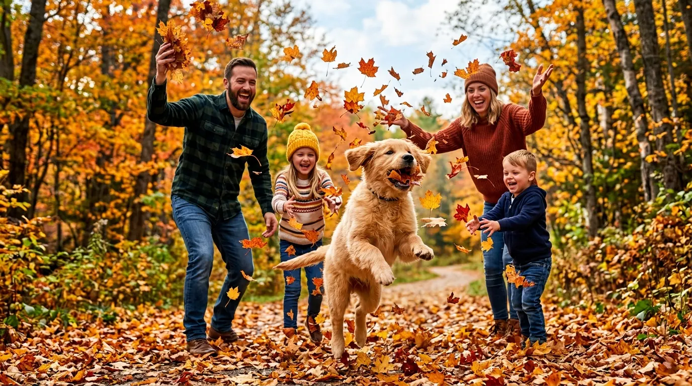 Family and puppy tossing leaves — Cremation & Memorial Keepsakes