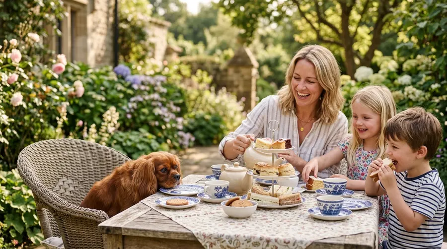 Family having outdoor afternoon tea