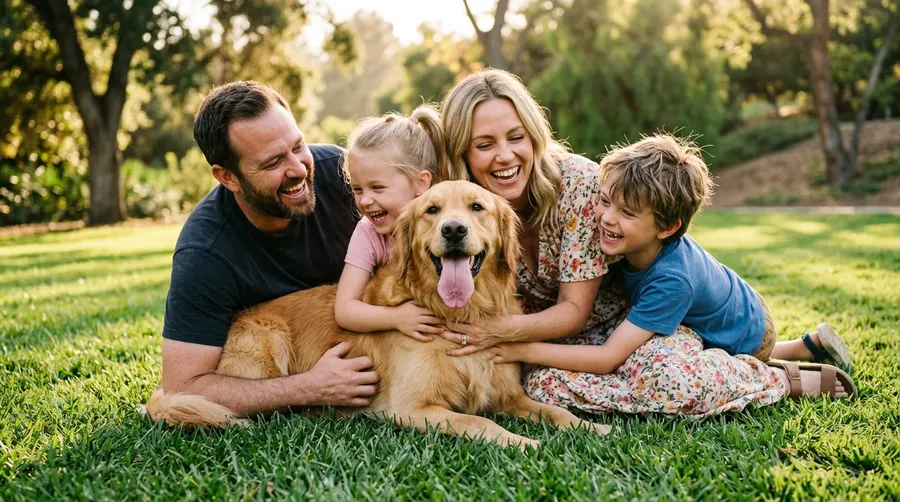 Family hugging dog on grass