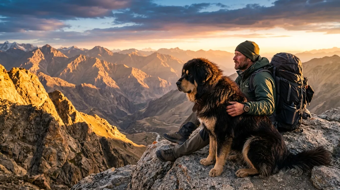 Hiker and dog watching sunset | Cremation & Memorial Keepsakes Hiker and dog watching sunset — Cremation & Memorial Keepsakes